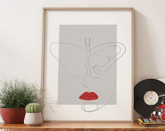 Line Art Woman Portrait with Butterfly, Modern Wall Print