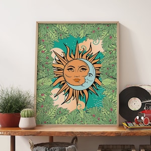 Decoración de los años 70 Arte de pared retro Impresión de arte del sol y la luna, decoración retro Arte de la pared de los años 70 Decoración de la habitación estética, cartel retro Decoración vintage