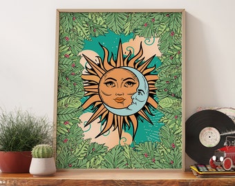 70s Decor Retro Wall Art Sun and Moon Art Print, Retro Decor 70s Wall Art Aesthetic Room Decor, Retro Poster Vintage Decor