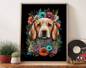 Beagle Floral Portrait Print, Retro Dog Poster, Dog Lover Gift