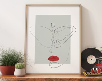 Line Art Woman Portrait with Butterfly, Modern Wall Print