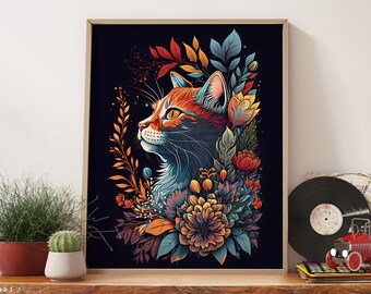Floral Cat Portrait Art Print, Boho Retro Wall Decor