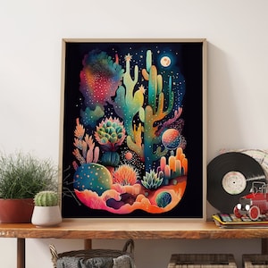 Bunte Kaktus Wandkunst Ästhetisches Zimmer Dekor, Abstrakte Landschaft Trendige Wandkunst, Boho Wandkunst Mid Century Modern, Wohnung Deko