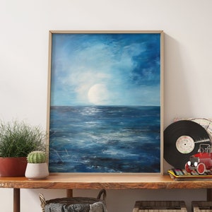 Indigo Ocean Abstract Oil Painting Print - Seaside Home Wall Decor Giclee Print - Modern Art Print Coastal Living Room, Impasto Poster
