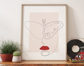 Line Art Woman Portrait Print, Butterfly Wall Decor
