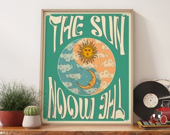 70s Wall Art Retro Decor Sun Moon Print, 70s Art Print Aesthetic Poster, Retro Art Print Above Bed Decor, Bestfriend Gift