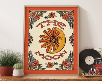 70s Floral Pattern Print Retro Moon Poster, Moon Wall Art Trendy Wall Art, 70s Art Print, 70s Flower Frame Poster,