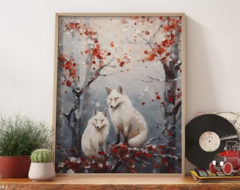 Winter White Foxes Giclée Print, Impasto Oil Painting, Aesthetic Room Decor
