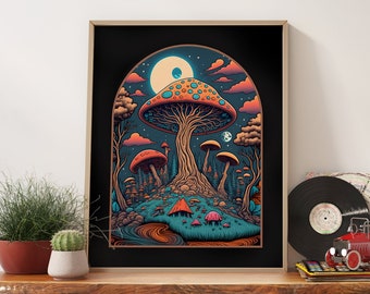 Retro Wall Art 70s Vintage Surreal Psychedelic Dorm room Decor, Mushroom Wall Art Print, Retro 70s Decor, Retro Art Mushroom, Art Print