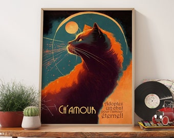 Vintage Cat Poster 1920s Wall Art - Ch'amour Cat Wall Print, Retro Cat Art Print, French wall art Ad Poster, Glamorous Cat Wall Art