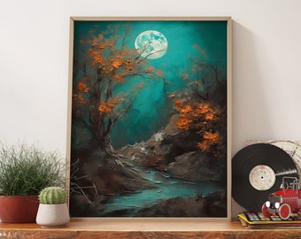 Modern Moonlight Spring Wall Print, Oil Painting Landscape Giclée Print, Aesthetic Room Decor Wall Print, Impasto Poster