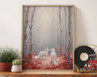 Woodland Foxes Giclee Print - Rustic Winter Scene, Oil Paint Style
