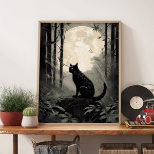 Mysterious Moonlight Black Cat Wall Print - Gothic Style Black Cat in the Moonlit Forest Poster - Vintage Art Print - Home Wall Decor