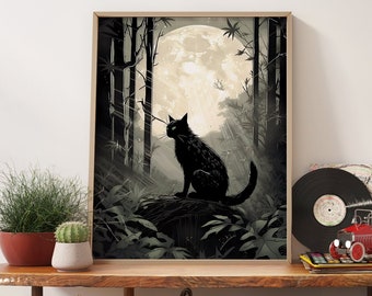 Gothic Black Cat Print - Moonlight Forest, Vintage Home Decor