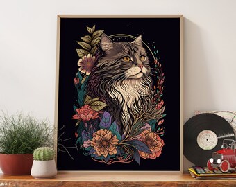 Boho Cat Portrait Art Print, Floral Retro Wall Decor