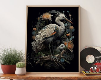 Crane Bird Antique illustration, Vintage Poster, Floral Print Botanical Wall Art, Vintage Wall Decor, Elegant Home Decor Vintage Art Print