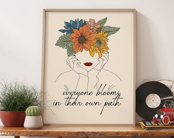 Floral Line Art Woman Portrait, Motivational Art Print