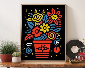 Keith Haring Style Floral Pop Art Print - Retro Exhibition Poster