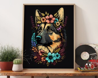 Dog Floral Print Aesthetic Room Decor, Boho German Shepherd Wall Art Vintage Print, Dog Portrait Art Print Floral Poster, Retro Dog Portrait