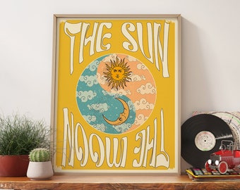 70s Decor Retro Print Sun Moon Print, 70s Art Print Aesthetic Poster, Retro Art Print Above Bed Decor, 12 Different Colors, Custom Wall Art