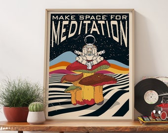 Astronaut Meditation Print, 70s Retro Mushroom Decor (Fine Art Paper)