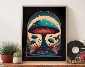 Vintage Retro 70s Mushroom Psychedelic Art Print, Goovy Room Decor Wall Art, Retro 70s Wall art, Vintage Poster - Mushroom Wall Art