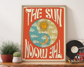70s Sun Moon Wall Art, Retro Home Decor Poster