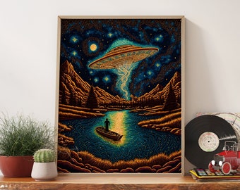 Retro UFO Poster 70s Surreal Night Landscape Wall Art - Vibrant Color Art Print, Aesthetic Room Decor, Surreal Art