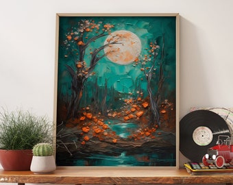Modern Moonlight Spring Wall Print, Oil Painting Landscape Giclée Print, Aesthetic Room Decor Wall Print, Impasto Poster