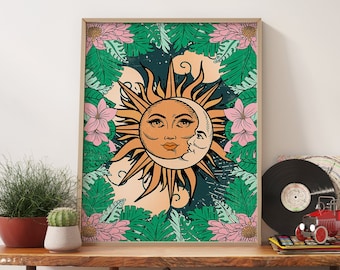 Sun Moon Floral Print, 70s Retro Groovy Home Decor