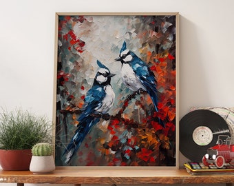 Blue Jay Oil Painting Print, Modern Birds Impasto Wall Art