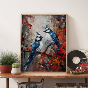 Moderne Brids-muurafdruk, olieverfschilderij Blue Jay Gclée-afdruk, esthetische kamerdecor, Blue Jay Brids kunst aan de muur, Impasto-poster, natuurkunst aan de muur