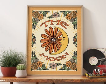 70s Retro Moon Art Print, Vintage Floral Wall Decor