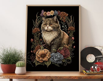 Cat Flowers Print Aesthetic Room Decor, Boho Cat Wall Art Vintage Print, Cat Portrait Art Print Floral Poster, Retro Cat Portrait Gift