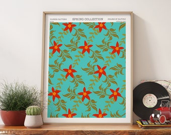 1970s Floral Pattern Wall Art, Retro Flower Poster