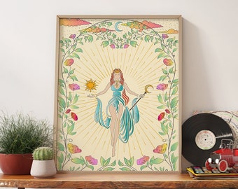 70s Celestial Art Print, Retro Sun and Moon Goddess
