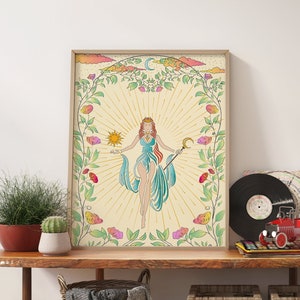Cartel de la diosa Gaia Arte de pared brujo, decoración divina femenina de los años 70, arte retro feminista, decoración espiritual de la habitación femenina, arte estético de la pared pagana