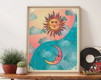 Retro Sun and Moon Art Print, 70s Style Gradient Poster