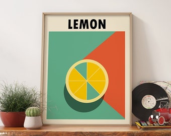Minimalist Lemon Art, Retro Print, Boho Wall Art Print - Modern Lemon Art - Citrus Kitchen Decor - Vintage Poster - Bauhaus Inspired