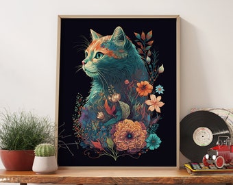 Boho Cat Wall Art Vintage Print, Cat Portrait Art Print Floral Poster, Cat Flowers Print Aesthetic Room Decor, Retro Cat Portrait Gift
