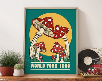 Mushroom Wall Art World Tour Quote Poster, Personalized Gift Printt 70s Decor Mushroom Poster, Aesthetic Retro Poster 1980s, 1970s