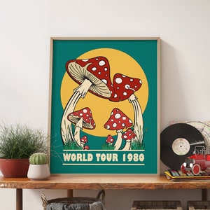 Cartel de cita de Mushroom Wall Art World Tour, Regalo personalizado Printt 70s Decor Mushroom Poster, Aesthetic Retro Poster 1980s, 1970s