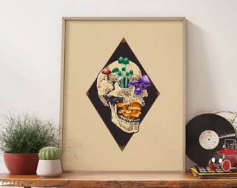 70s Skeleton Mushroom Print, Retro Home Decor, Wall Art