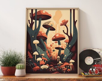 Boho Terracotta Mushroom Wall Art - Retro 70s Wall Art  Aesthetic Room Decor, Terracotta Print Vintage Poster - Mushroom Art