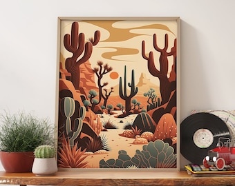 Terracotta Desert Landscape Wall Art Print, Abstract Cactus Poster, Mid-century Modern Desert Landscape Poster,  Boho Aesthetic Decor