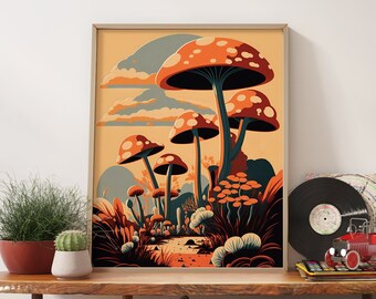 Boho Terracotta Mushroom Wall Art - Retro 70s Wall Art  Aesthetic Room Decor, Terracotta Print Vintage Poster - Mushroom Art