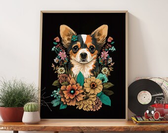 Boho Chihuahua Portrait Print, Floral Dog Wall Art