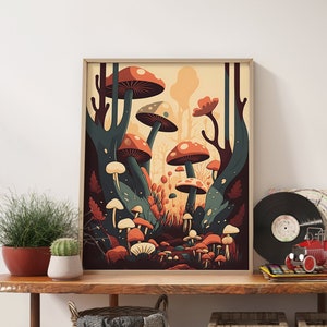 Boho Terracotta Mushroom Wall Art - Retro 70s Wall Art  Aesthetic Room Decor, Terracotta Print Vintage Poster - Mushroom Art