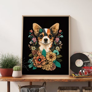 Chihuahua Portrait Druck Ästhetische Raumdekoration, Boho Chihuahua Wand Kunst Vintage Druck, Hund Portrait Kunstdruck Floral Poster, Hundeliebhaber Geschenk