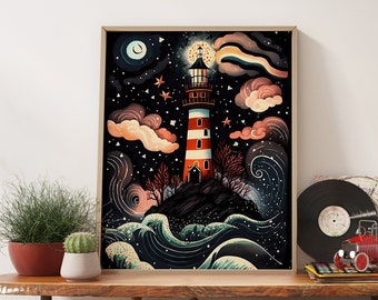 Vintage Watercolor Lighthouse Print – Coastal Nautical Wall Art